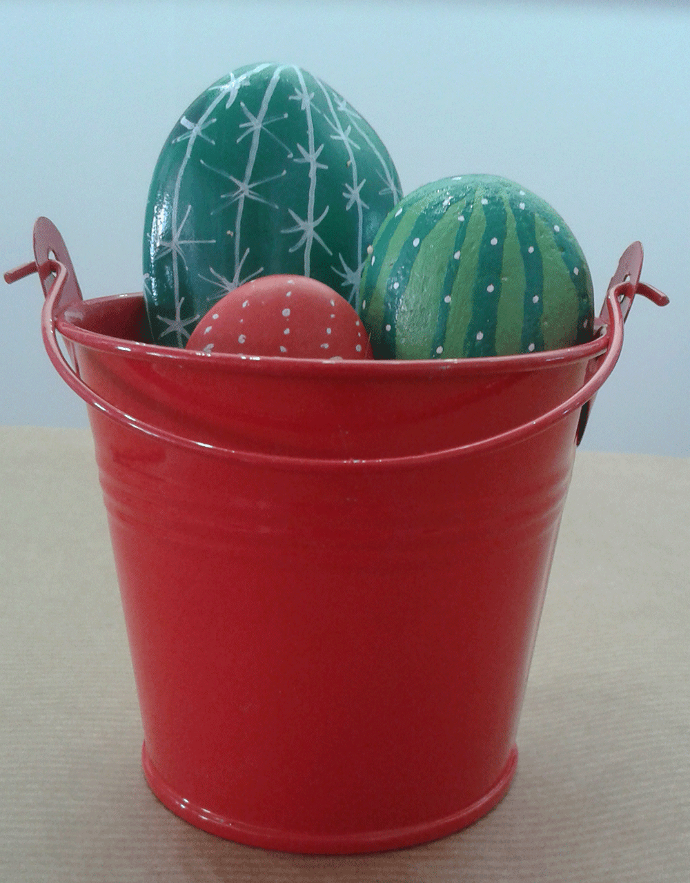 Cactus de piedras pintadas en cubo de zinc rojo
